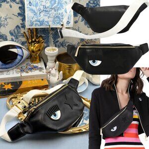 🆕 CHIARA FERRAGNI 🧿 NWOT Eye Star Patch Belt Bag, Black PU Leather White Strap